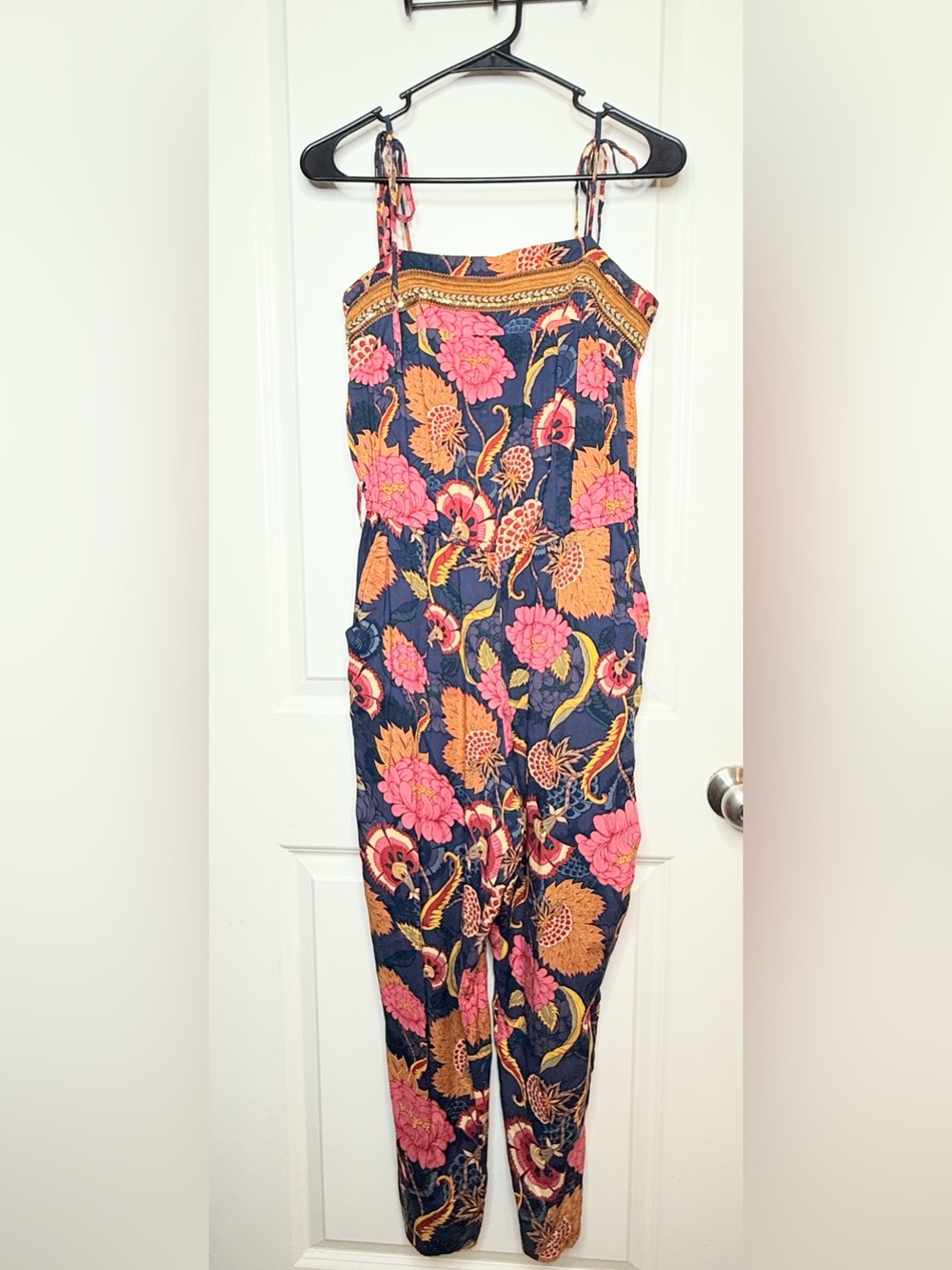 Jaase XS Floral Jumpsuit Navy Pink Boho Tie Strap Wide Leg Pockets Romper